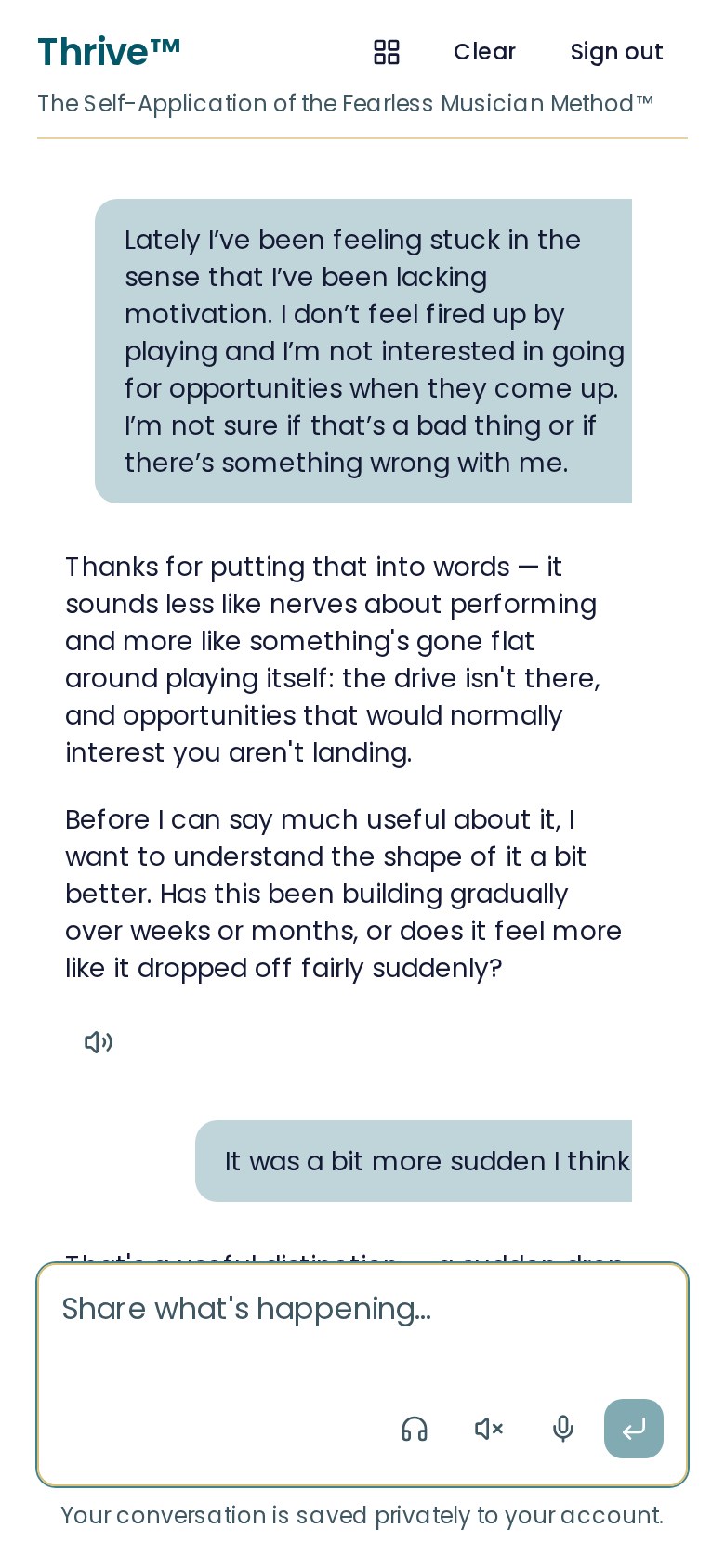 The Fearless Musician Mentor™ chat in the Thrive™ app on a phone, showing a conversation about feeling stuck with motivation