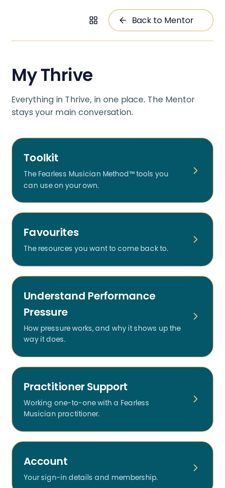 The My Thrive screen of the Thrive™ app on a phone, showing Toolkit, Favourites and Practitioner Support