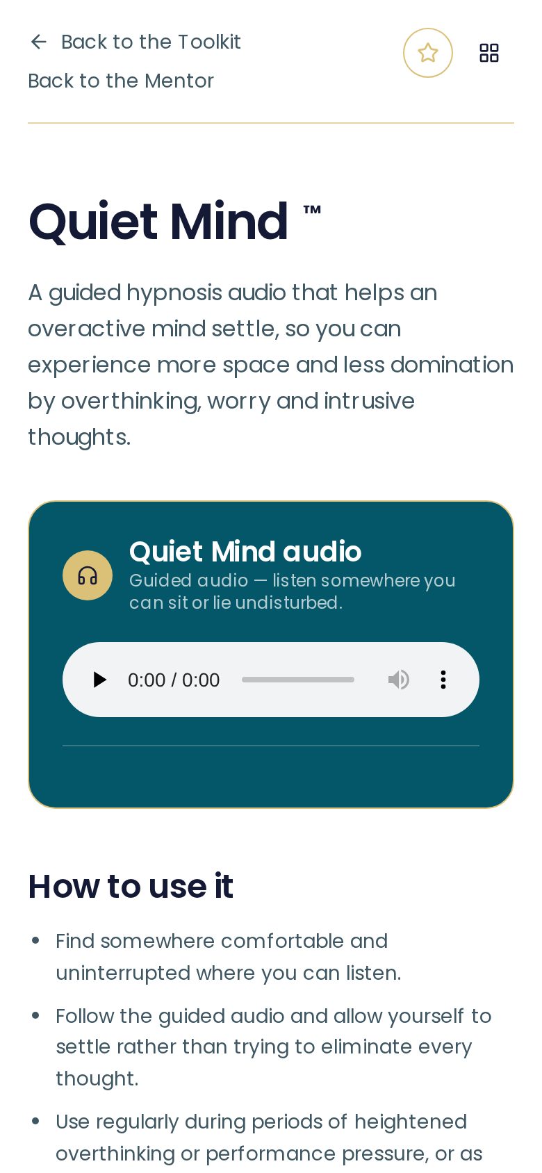 A Thrive™ app tool screen on a phone, showing the Quiet Mind™ guided audio and how to use it