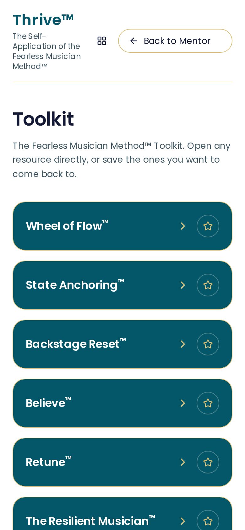 The Thrive™ app Toolkit screen on a phone, listing Fearless Musician Method™ tools